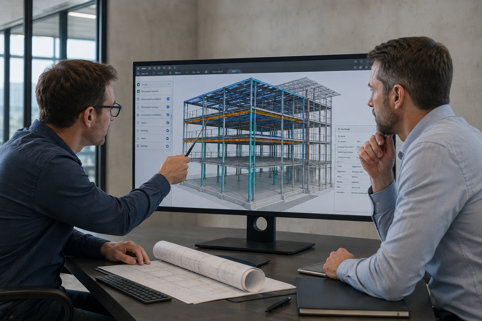 Zwei Fachplaner besprechen ein BIM-Modell am Großbildschirm
