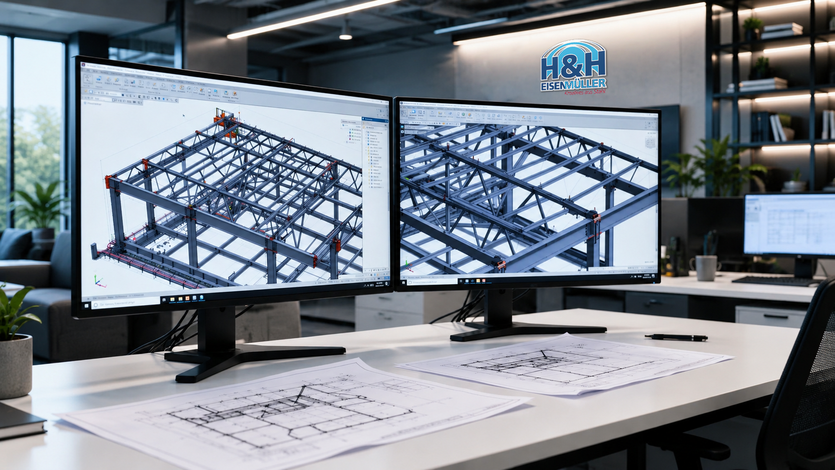 Zwei Monitore mit 3D-BIM-Modellen einer Stahlkonstruktion am Arbeitsplatz